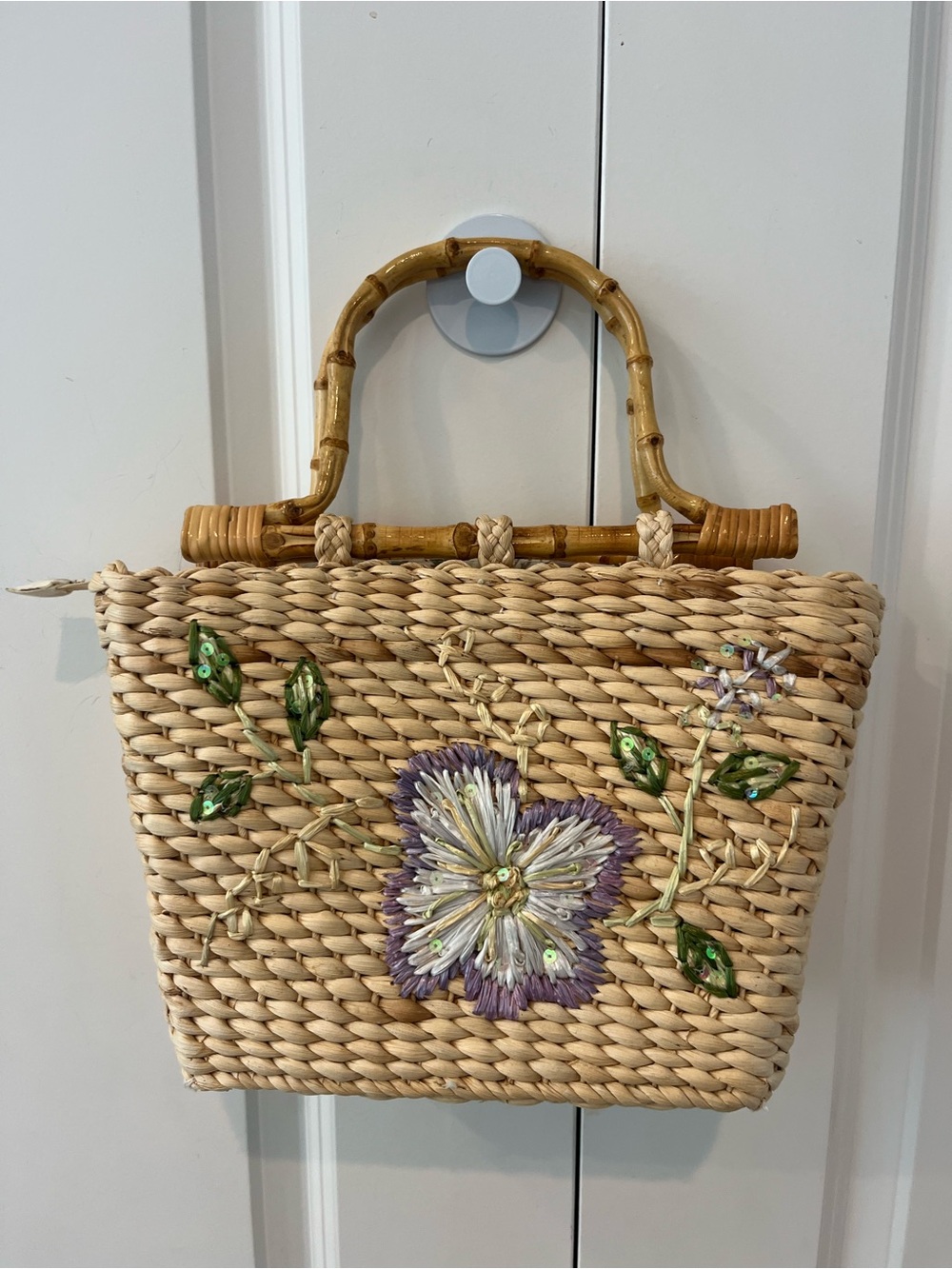 Vintage straw & sequin cottagecore purse with Bamboo Handles & floral lining